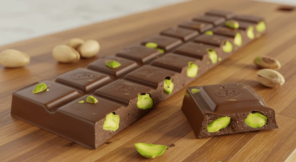 Stacked pistachio chocolate bars wrapped in eco-friendly packaging