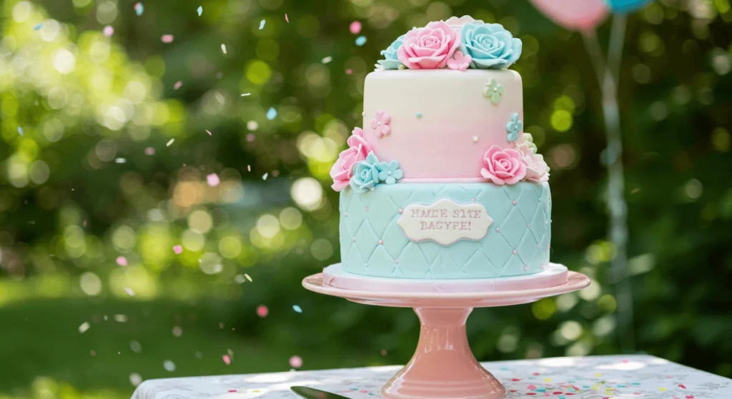 Classic vanilla gender reveal cake with pink and blue frosting.