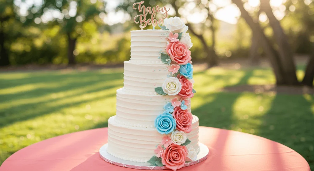 Two-tone pink and blue gender reveal cake with a smooth buttercream finish