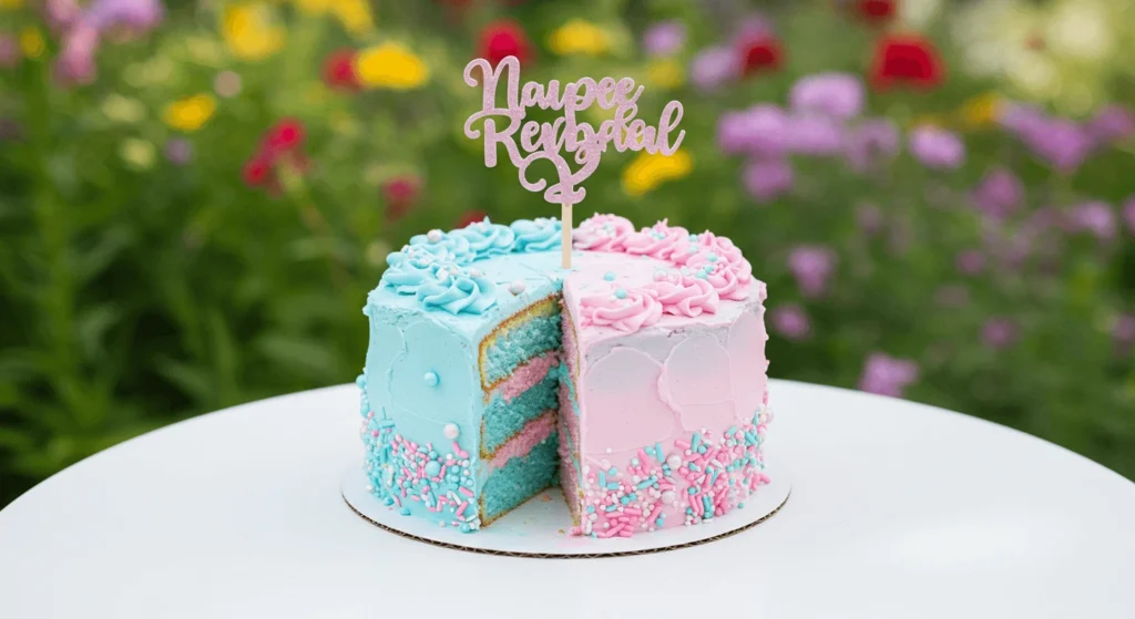 Pastel ombre gender reveal cake in shades of pink and blue.