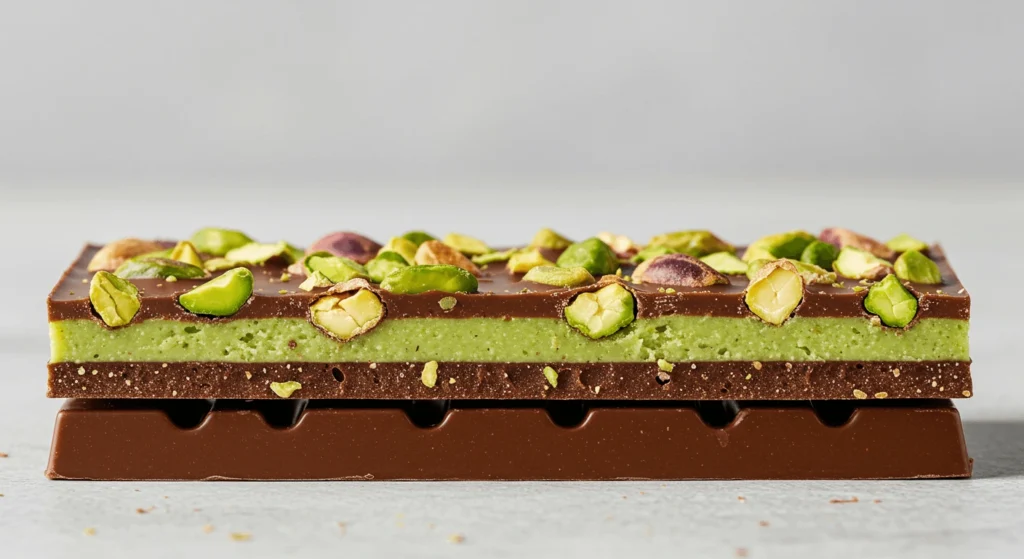 Close-up of a chocolate bar with roasted pistachios embedded in a smooth layer of dark chocolate.