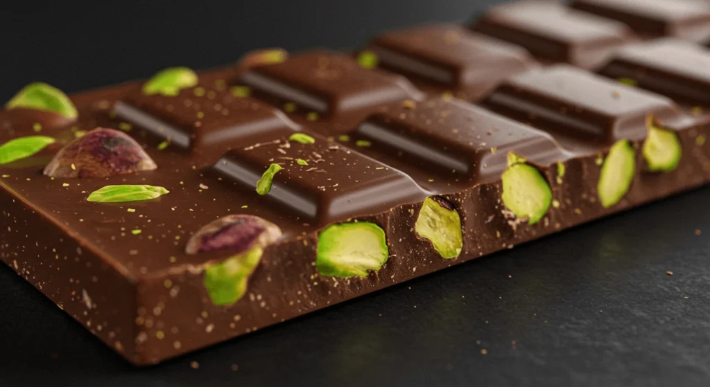 Close-up of a pistachio chocolate bar with vibrant green pistachio filling