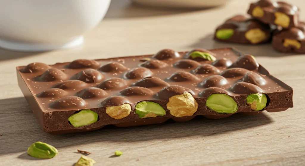 Elegant pistachio chocolate bars displayed on a marble countertop.