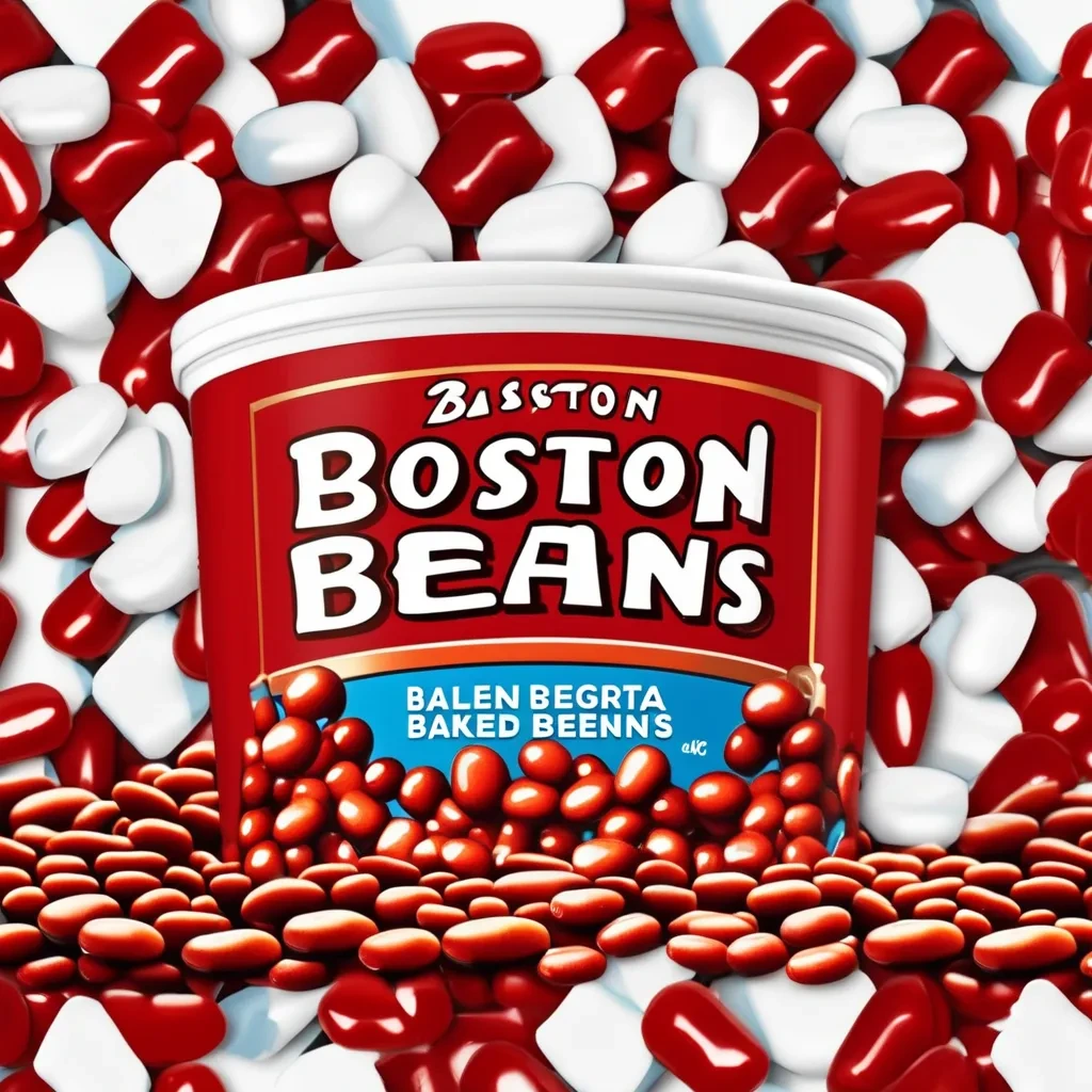 Boston Baked Beans Candy spilling out of a vintage-style candy jar.