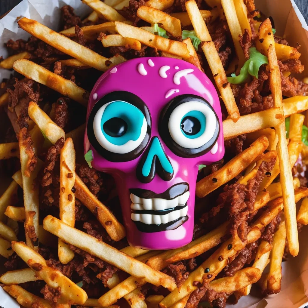 A bowl of Voodoo Fries served as a side dish with burgers and wings.