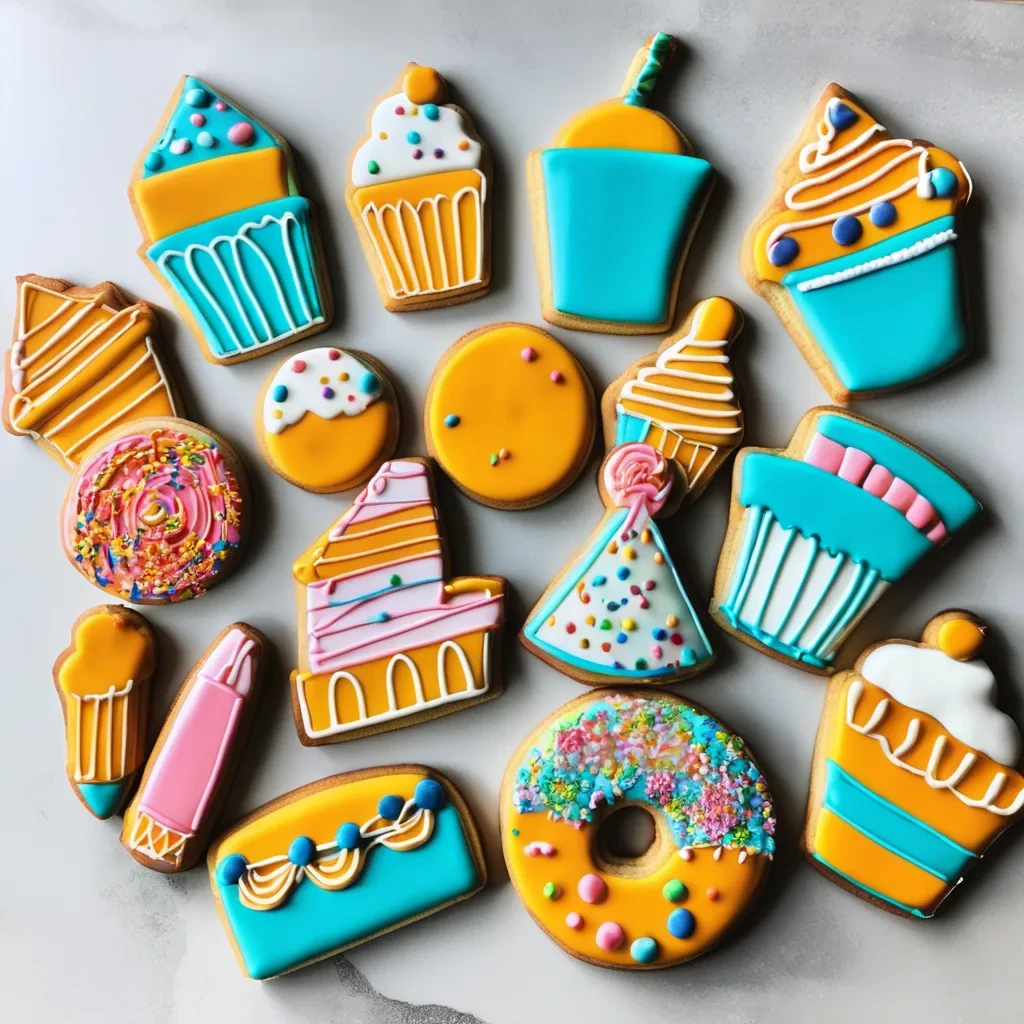 "Assorted birthday cookies with candles and festive designs."