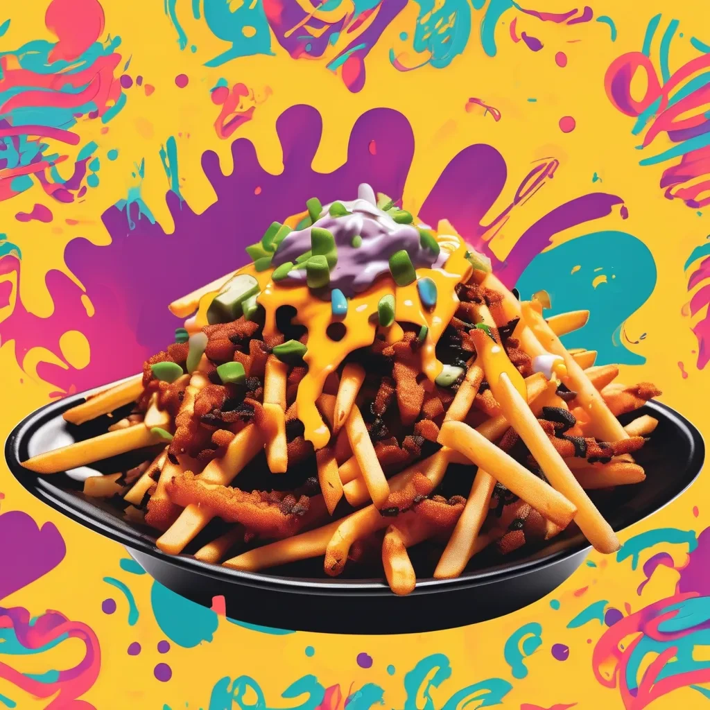 A party tray of Voodoo Fries topped with various toppings like garlic aioli and green onions.