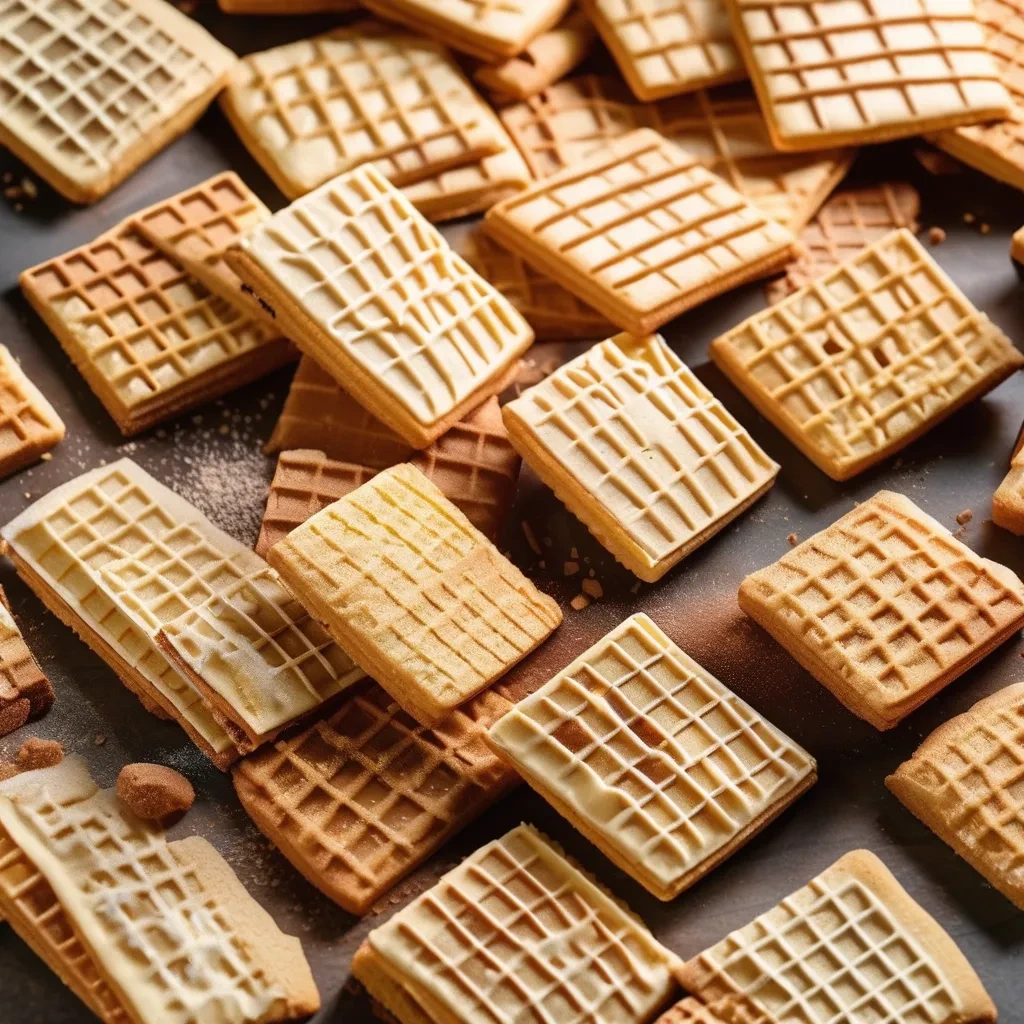 "Close-up of crispy wafer cookies stacked neatly."