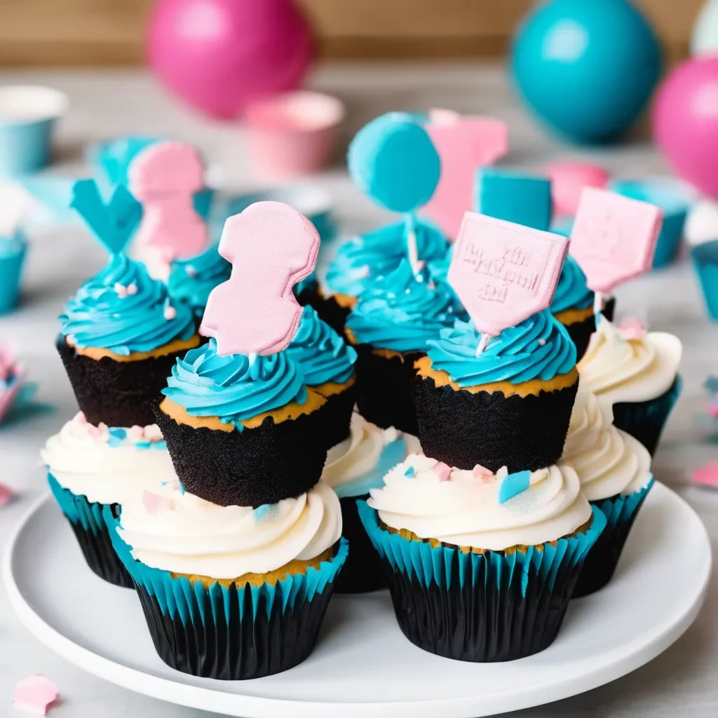 "Gender reveal cake with delicate fondant toppers and colorful frosting."