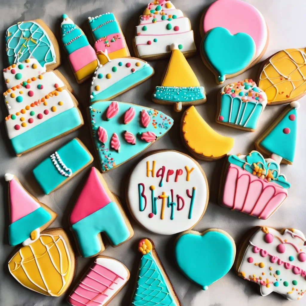 "Custom birthday cookies shaped like balloons and cakes."