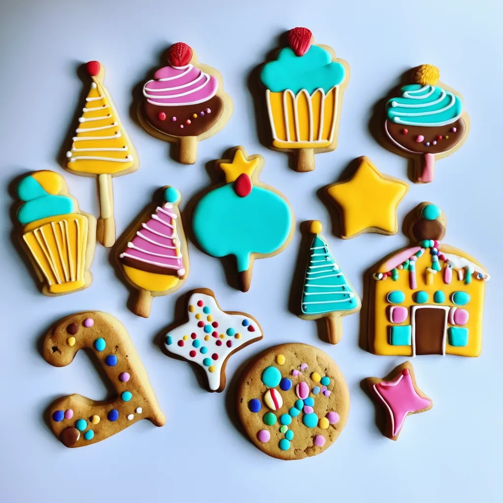 "A plate full of colorful birthday cookies decorated with icing."