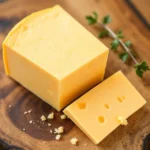 Freshly made Colby Jack cheese on a dairy farm table with a rustic backdrop