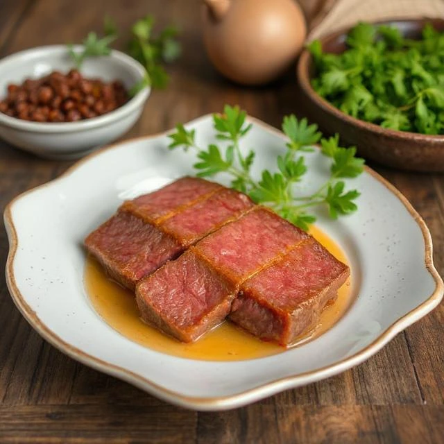 A block of beef suet with a knife on a rustic kitchen counter.