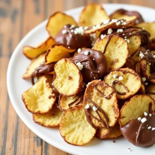 Close-up of chocolate-covered potato chips with a glossy finish.