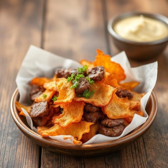 Beef chips with a crunchy texture and rich flavor served in a snack bowl.