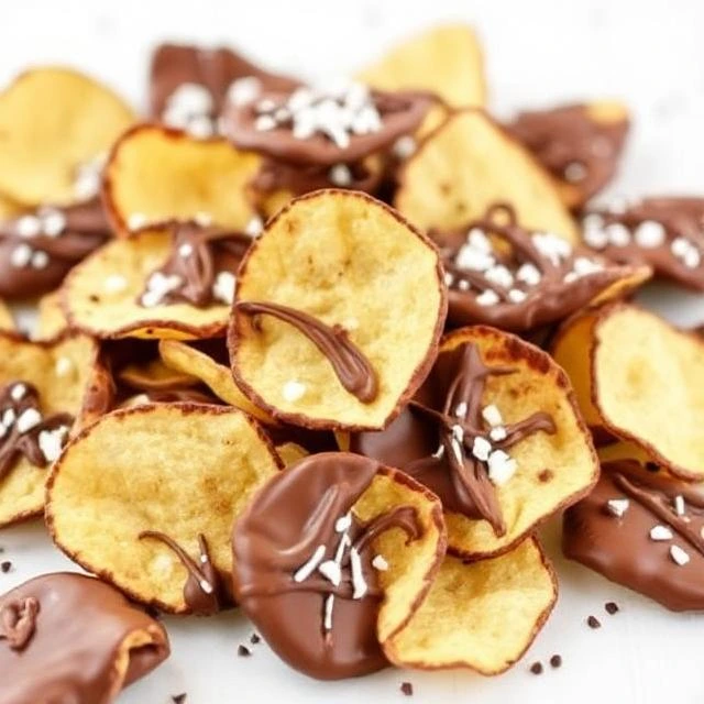 A plate of crispy potato chips dipped in smooth, rich chocolate.