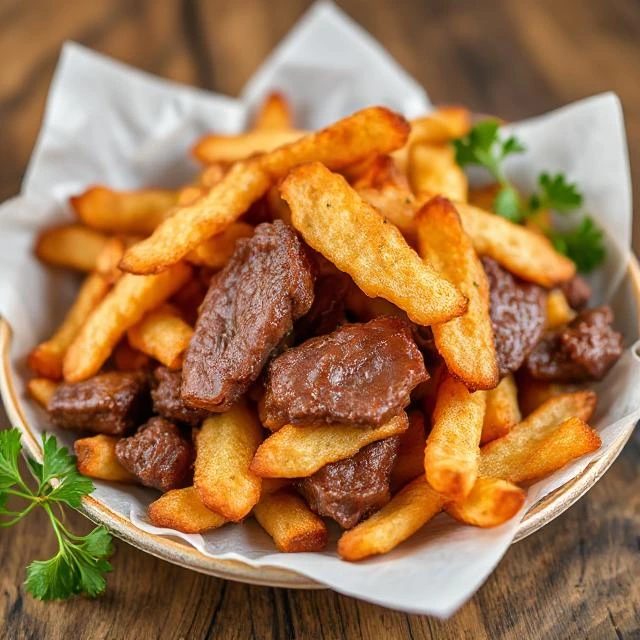 Crispy beef chips garnished with fresh herbs, served as a snack.