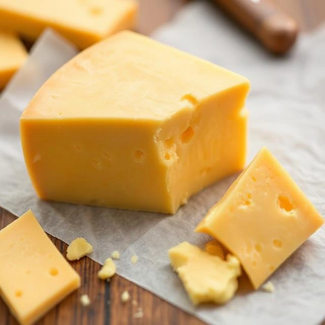 A cheese knife cutting through a wedge of Colby Jack cheese.