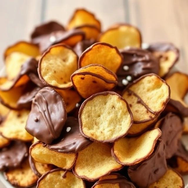 Stacked chocolate-dipped potato chips showing their crunchy texture.