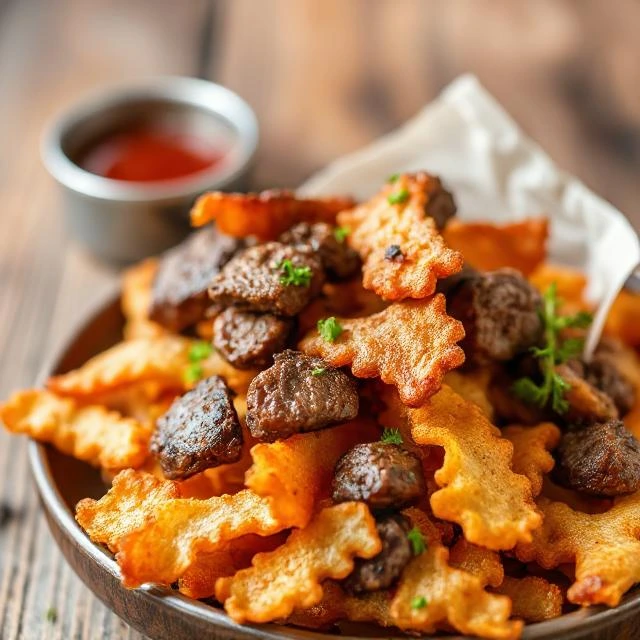 Close-up shot of crispy, savory beef chips stacked in a bowl.